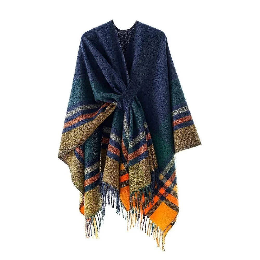 Soft Knit Poncho Shawl Wrap Cross Front Tassels Winter Cape Cardigan